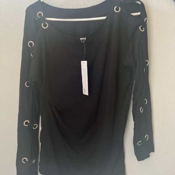 Berek Women's Black Boatneck Cold Shoulder Top rhinestone Grommet Long Sleeve - Picture 2 of 7